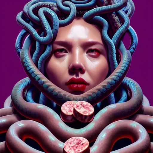 Prompt: medusa with sausages instead of snakes. no snakes. intricate abstract. intricate artwork. by tooth wu, wlop, beeple, dan mumford. trending on artstation, greg rutkowski very coherent symmetrical artwork. cinematic, hyper realism, high detail, octane render, 8 k, iridescent accents
