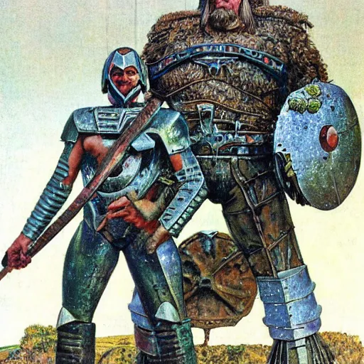 Image similar to giant haystacks in scifi warrior metal armour, by norman rockwell and boris vallejo