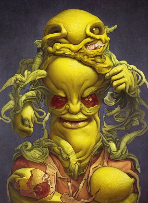 Image similar to renaissance grotesque full body portrait painting of angry crossfit lemon with a face in a lemon themed spaceship going to a lemon portal, superior, character redesign by lee bermejo and greg rutkowski and alphonse mucha