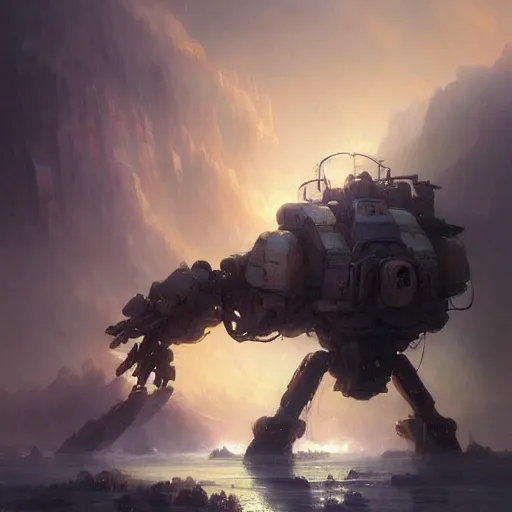 Prompt: a giant mech robot full detailed realistic atmosferic made by ivan aivazovsky, peter mohrbacher, greg rutkowski volumetric light effect broad light oil painting painting fantasy art style sci - fi art style realism premium prints available artwork unreal engine