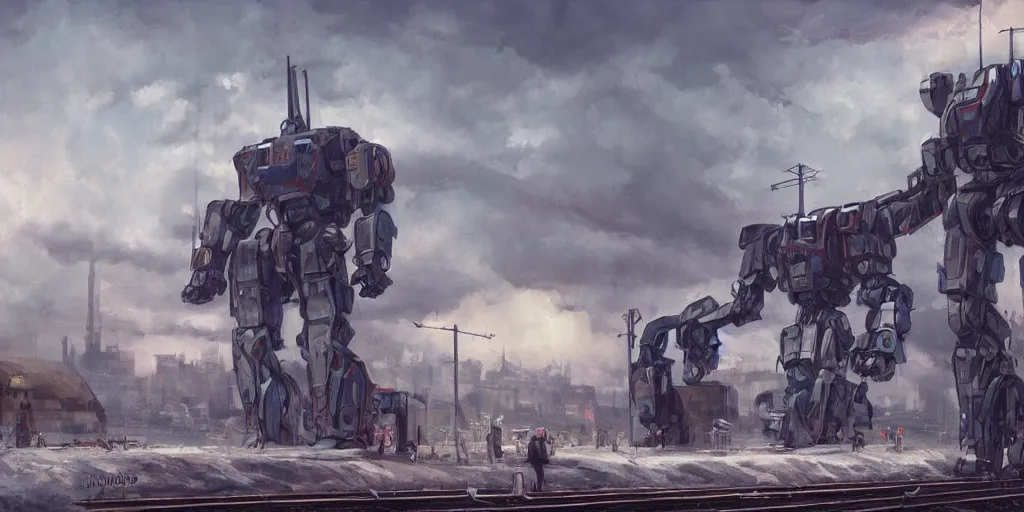 Prompt: a russian mecha, train station in summer, matte painting, afternoon, drama, by rozalski, artstation