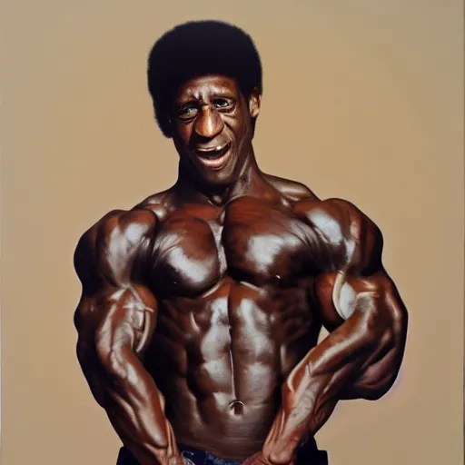 Image similar to rambo, 1 9 8 6, bill cosby, muscular, defined, shouting, oil on canvas octane render