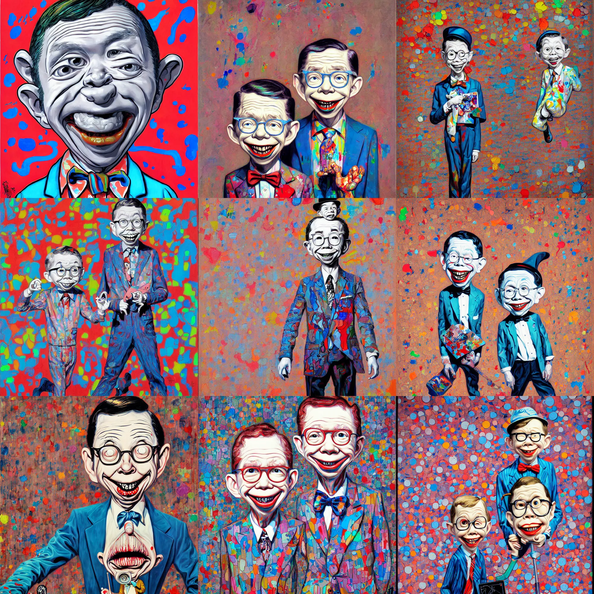 Prompt: alfred e neuman painting by james jean, colorful, funny, stupid, comic