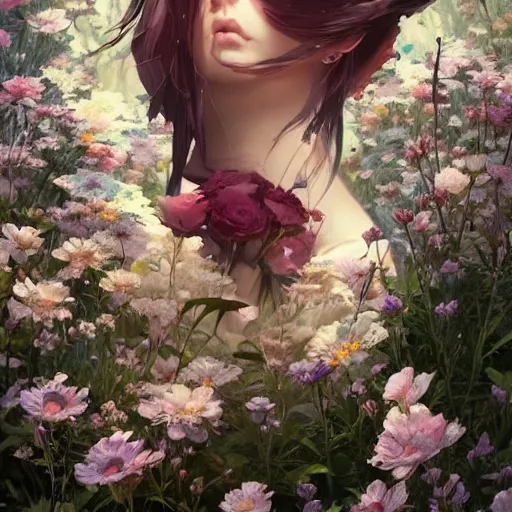 Image similar to kittens in flowers, intricate complexity, by greg rutkowski, artgerm, ross tran, conrad roset, takato yomamoto, ilya kuvshinov. 4 k, beautiful, cinematic dramatic atmosphere