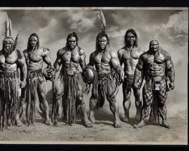 Image similar to hyper realistic group vintage photograph of a warrior orc tribe, tall, muscular, hulk like physique, tribal paint, tribal armor, highly detailed