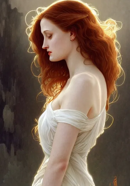 Prompt: sansa angeline jolie gessica chastain white skin, intricate, elegant, highly detailed, digital painting, artstation, concept art, smooth, sharp focus, illustration, art by artgerm and greg rutkowski and alphonse mucha and william - adolphe bouguereau