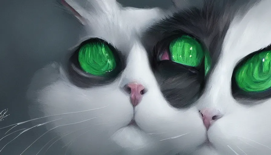 Prompt: hand painted white cat with green eyes, snow, hyperdetailed, artstation, cgsociety, 8 k