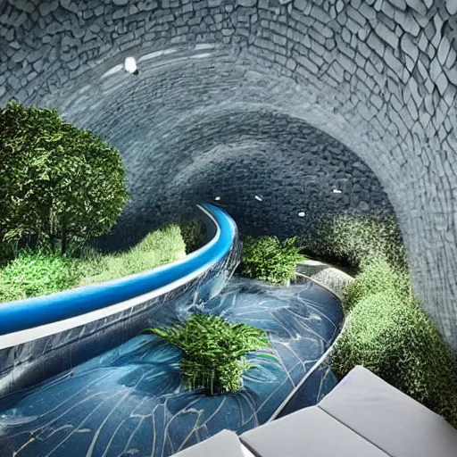 Image similar to a large curvilinear futuristic room made of blue slate, startrek style, filled with plants, vegetation, rocks and a swimming pool.