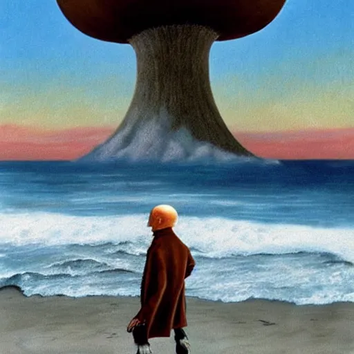 Image similar to a skeleton walking on a beach next to the ocean with nuclear bomb explosion in the background, a naturalism painting by Storm Thorgerson, featured on cg society, matte painting, realistic, chillwave, anatomically correct, light colors, photo-realistic huge mushroom-cloud on the horizon