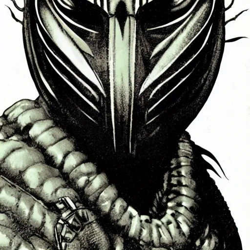 Image similar to hedcut portrait of yatuja wearing mask from the movie predator