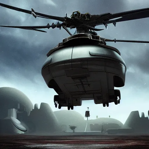 Image similar to a ghost town full a futuristic spaceship decorated with futuristic art by greg chocktail and beks jade and jade, trending on artstation A military helicopter landing in a misty, neolithic period, in