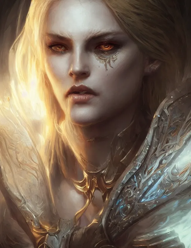 Image similar to close face portrait of a beautiful young blonde sorceress as diablo 3 concept art, art by ryo shiotani and greg rutkowski, intricate, beautiful, cute, cinematic lighting, vintage art by serge ivanoff, high resolution, very detailed