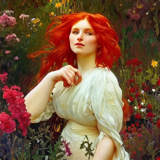 Image similar to a beautiful red haired woman in a garden, beautiful painting by irakli nadar and alphonse mucha