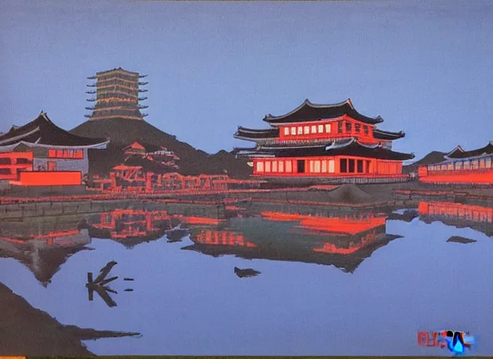 Image similar to vincent di fate's 1 9 8 0 cozy, simple painting of hiroshima castle in hiroshima. cyberpunk style.