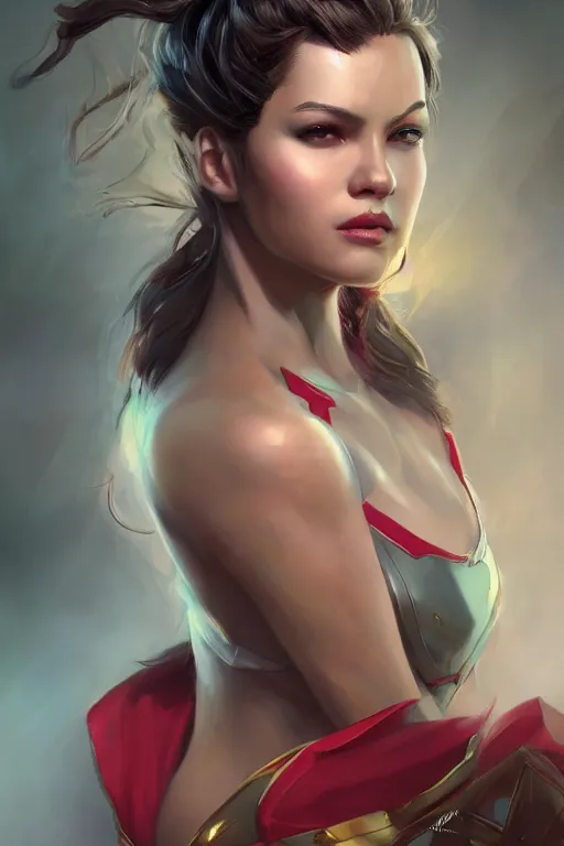 Image similar to three quarters portrait pose of a beautiful woman,super hero costume,heroic pose,highly detailed, digital painting,illustration, art by Stanley Lau