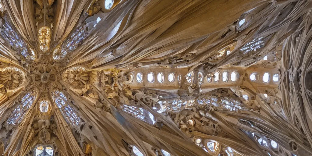 Image similar to sculpted Sagrada Familia ceiling by Antoni Gaudi, symmetrical