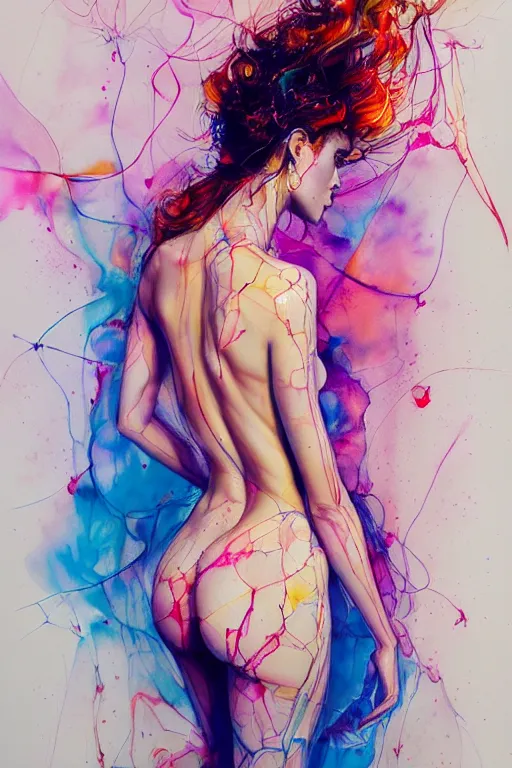 Image similar to sophia vergara by agnes cecile enki bilal moebius, intricated details, 3 / 4 back view, bendover posture, full body portrait, extremely luminous bright design, pastel colours, drips, autumn lights