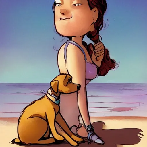 Prompt: girl with a dog sitting by the beach, by brian kesinger and james gurney, artstation