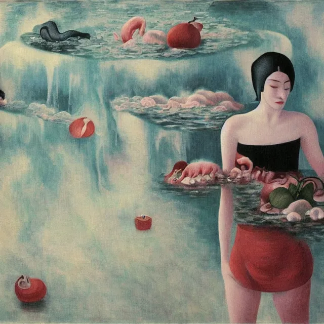 Image similar to tall female emo artist in her flooded bath, water gushing from ceiling, painting of flood waters inside an artist's bathroom, a river flooding indoors, pomegranates, pigs, ikebana, zen, water, octopus, river, rapids, waterfall, black swans, canoe, berries, acrylic on canvas, surrealist, by magritte and monet