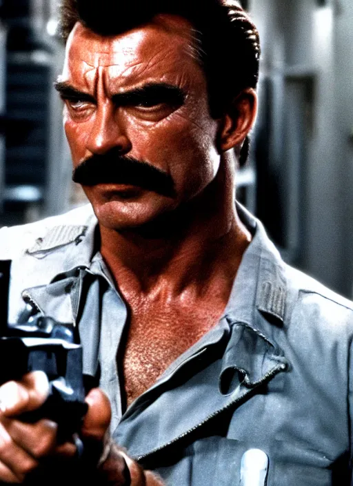 Image similar to film still of tom selleck as the terminator in terminator, 4 k