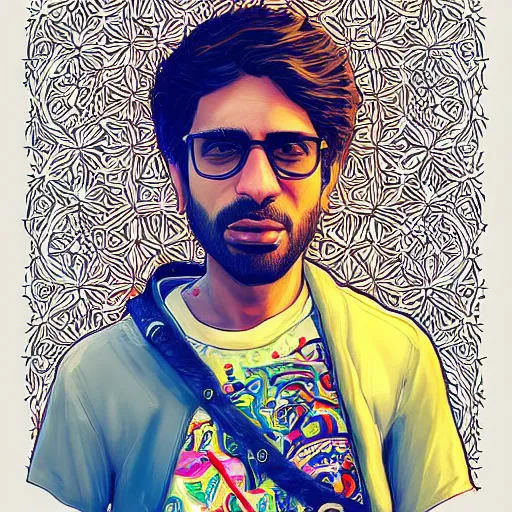 Image similar to portrait of a pakistani - american man, an ultrafine detailed illustration by james jean, intricate linework, bright colors, final fantasy, behance contest winner, vanitas, angular, altermodern, unreal engine 5 highly rendered, global illumination, radiant light, detailed and intricate environment