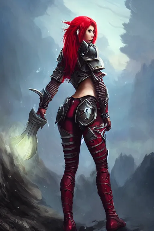 Prompt: Female paladin, dnd, d&d, leggins, red skintight leather armor, red hair, looking from behind, visible face, beautiful face, derriere, high fantasy, matte painting, by wlop