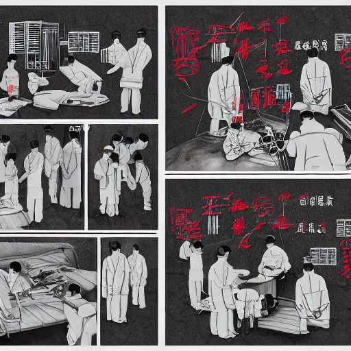 Prompt: chinese surgeons operating on a body on an operating table, in the style of daniel johnston and outsider art, 8k, line brush, minimal, overlaid with chinese adverts, collage