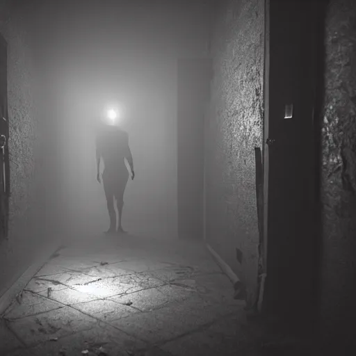 Prompt: hi - 8 night vision camera footage of a barely visible, bipedal minotaur with shrouded in darkness at the end of an extremely dark hallway in an abandoned house