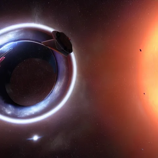 Image similar to Interstellar Black Hole and Space ship from Elite dangerous in front of it.