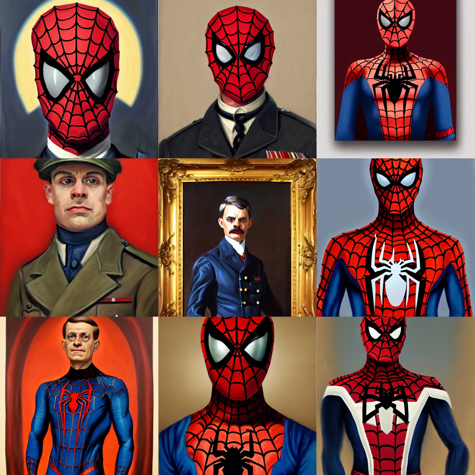 Prompt: portrait of spiderman as the german chancellor, 1 9 3 5, spider suit military uniform, oil on canvas by william sidney mount, trending on artstation