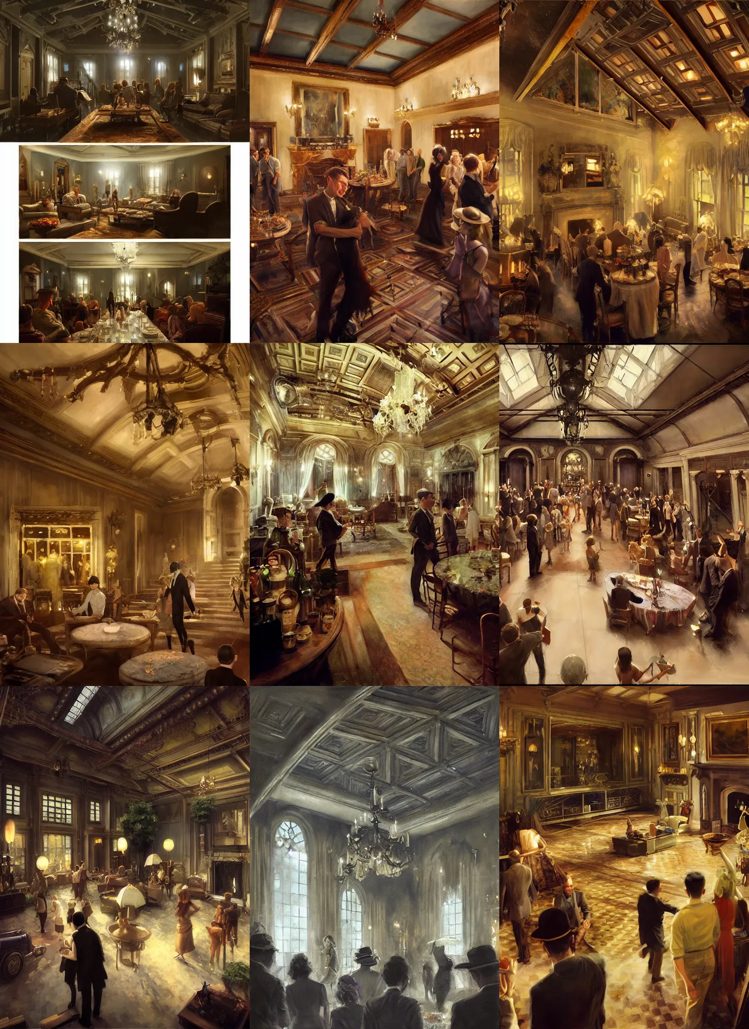 Prompt: craig mullins and ghibli and james gurney detailed realist painting of a 1 9 2 0 s grand party in a beautiful mansion, vaulted ceiling, many partygoers, strong contrast, unreal engine, hyper realism, realistic shading, cinematic composition, realistic render, octane render, detailed textures, photorealistic, wide shot, 3 5 mm film