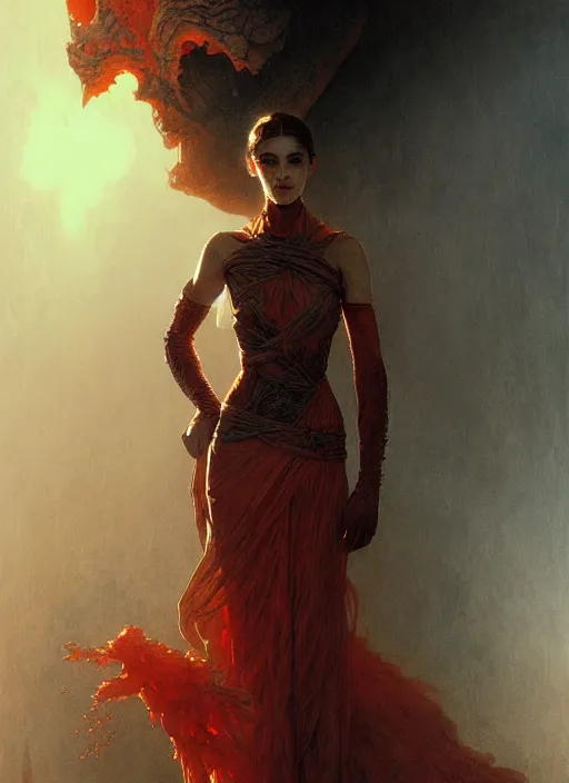 Prompt: Girl at a fashion show in hell, fire, lava, intricate, elegant, highly detailed, artstation, concept art, smooth, sharp focus, illustration, art by and greg rutkowski and orientalism and bouguereau and Zdzislaw Beksinski