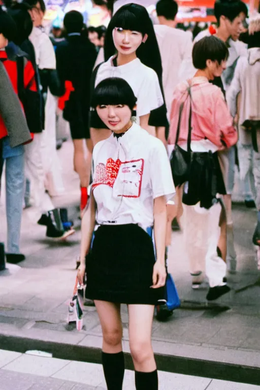 Image similar to a street fashion photograph of a young japanese woman in 9 0 s fashion, in tokyo akihabara, shot on cinestill 5 0 d with a canon 3 5 mm at f / 5. 6 lens, print magazine, photorealistic, nineties nostalgia, 4 k