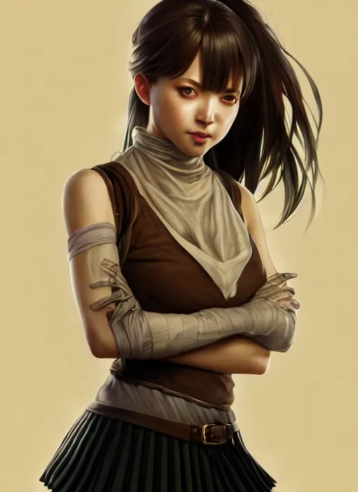 Image similar to portrait of a full body of beautiful young female detective, d & d, sleeveless turtleneck, pleated skirt, fantasy, flat lighting, intricate, highly detailed, digital painting, artstation, concept art, smooth, sharp focus, illustration, misa amane, art by simon bisley and greg rutkowski and alphonse mucha, natural tpose