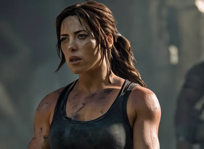 Image similar to film still of!!!! chloe bennett!!! as lara croft in new tomb raider movie, 8 k