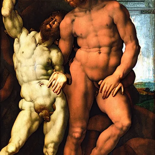 Image similar to high quality high detail painting michelangelo, david after killing giant goliath