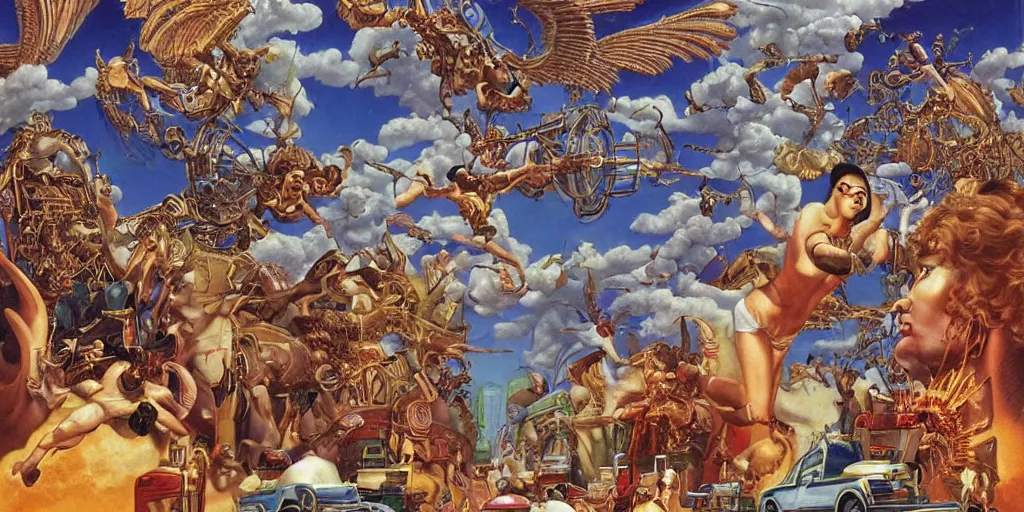 Prompt: mechanical angels descend from heaven in the middle of a small town during a carnival, surreal, quirky, highly detailed, colorful, dramatic, by boris vallejo, by david ligare, by richard corben, by peter cross - h 3 3 0