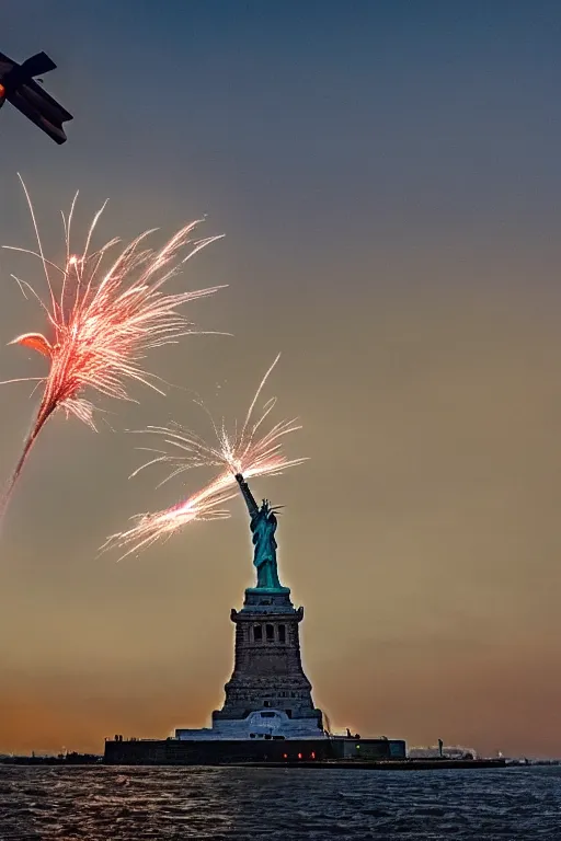 Prompt: disaster photography, airship hits the statue of liberty, full color, explosion, 8k, hd, high resolution