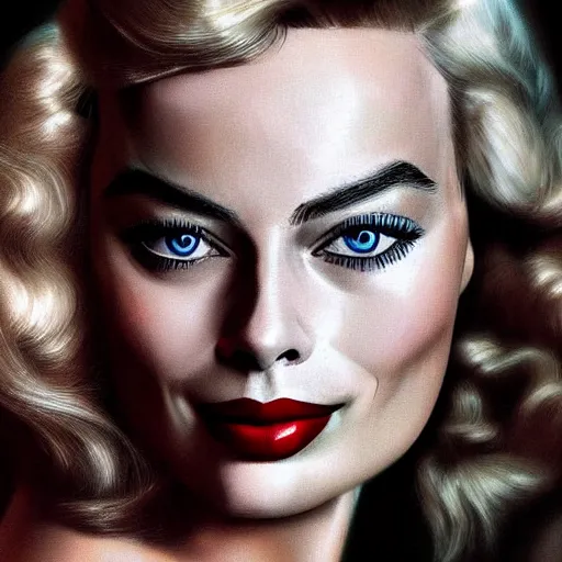 Image similar to Margot Robbie as a pinup girl, digital art, hyperrealistic