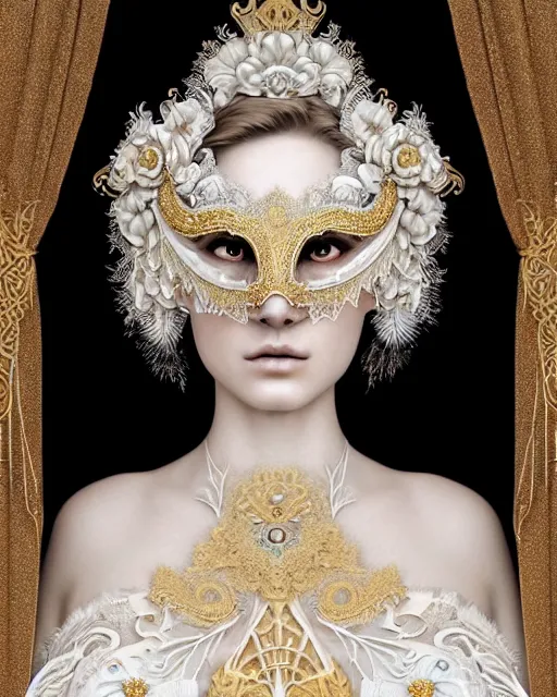 Image similar to beautiful ethereal maiden in a ivory masquerade mask intricate ornate fractal-lace and gemstones, wearing stunning ivory dress, ivory gold iridescent, full view, soft lighting, vivid, Hyperdetailed, 4k hd matte painting by Artgerm, Greg Rutkowski, Klimt, James Jean, 8k resolution, enchanting and otherworldly, Artstation, CGsociety, detailed, front view