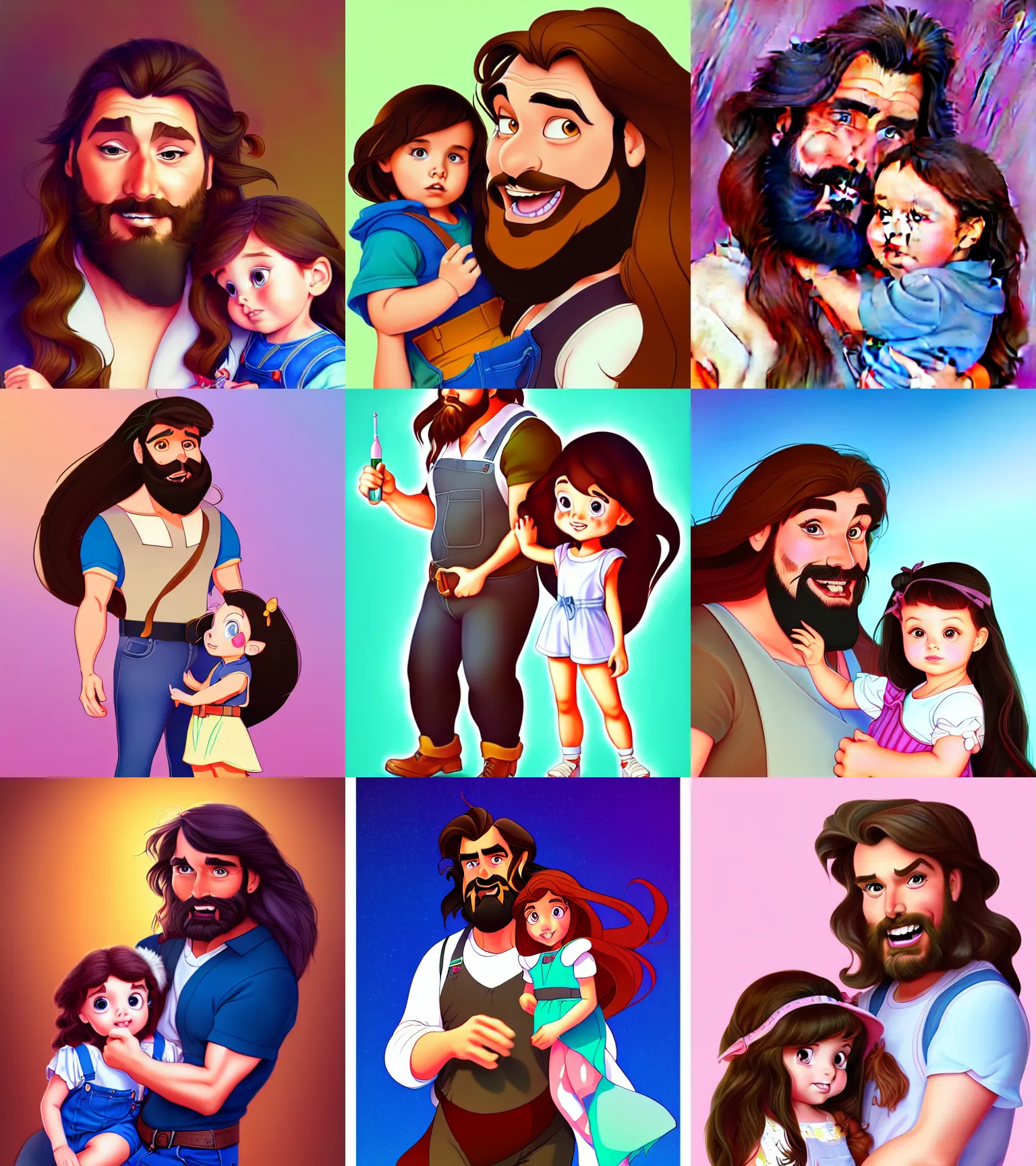 Prompt: a long - haired bearded father and his brunette child toddler girl wearing a overall full color digital illustration in the style of don bluth, artgerm, artstation trending, 4 k