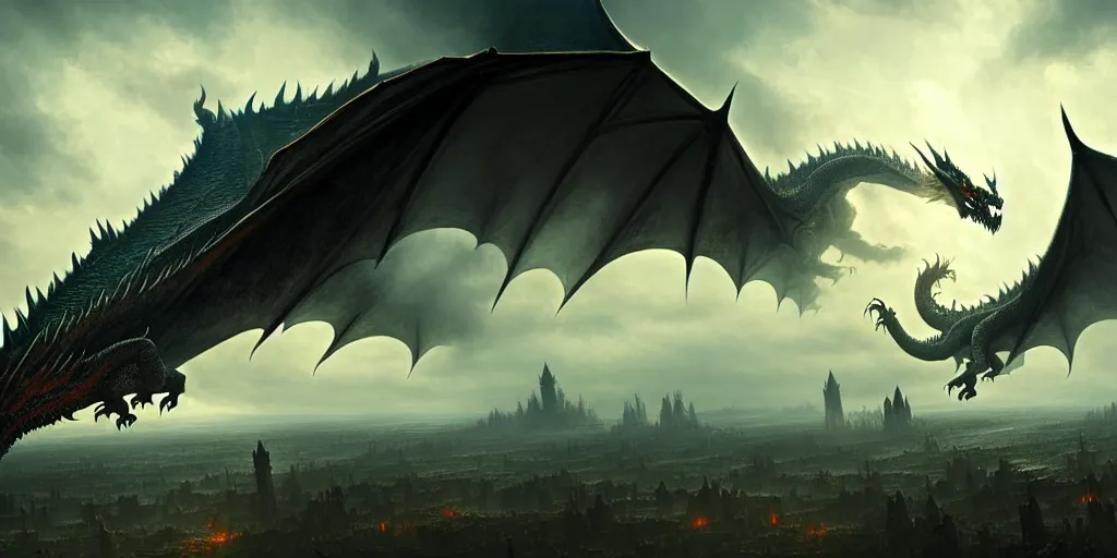 Image similar to giant dragon flying over ruined city, ultra high definition, ultra detailed, symmetry, god rays, sci - fi, dark fantasy, by greg rutkowski