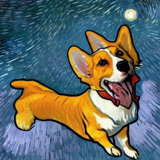 Prompt: corgi with [ angelic wings ]!!, [ flying like a superhero ]!! in the [ night sky ]!! where the stars are visibly perceptible, [ realistic photo ]!!, [ illustrated by vincent van gogh ]!!, trending on artstation