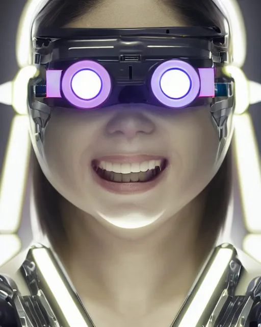 Image similar to centered portrait photo of young lorena herrera as a solarpunk mecha humanoid robotic parts wearing goggles with bright lights, real human face, pudica pose, inside white room, ultra - realistic and detailed, 8 k