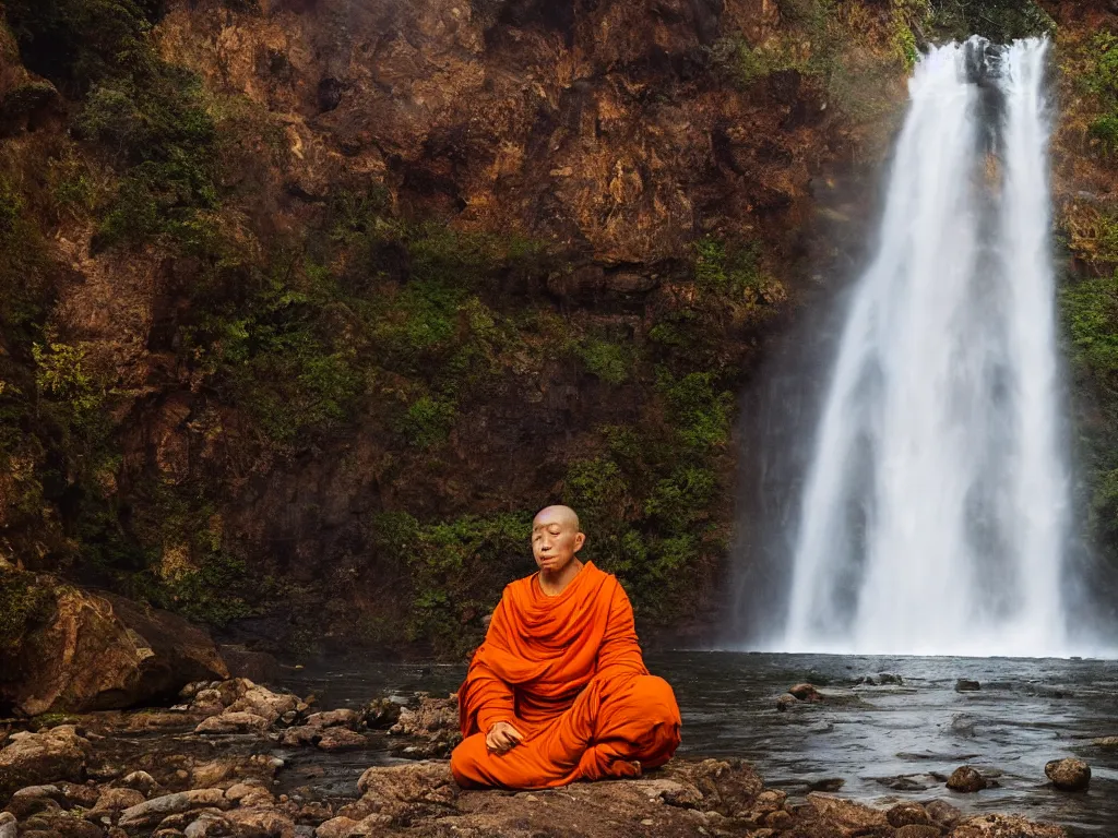 Image similar to dang ngo, annie leibovitz, steve mccurry, a simply breathtaking shot of mediating monk in orange, giantic waterfall, bright moonlight, golden ratio, wide shot, symmetrical