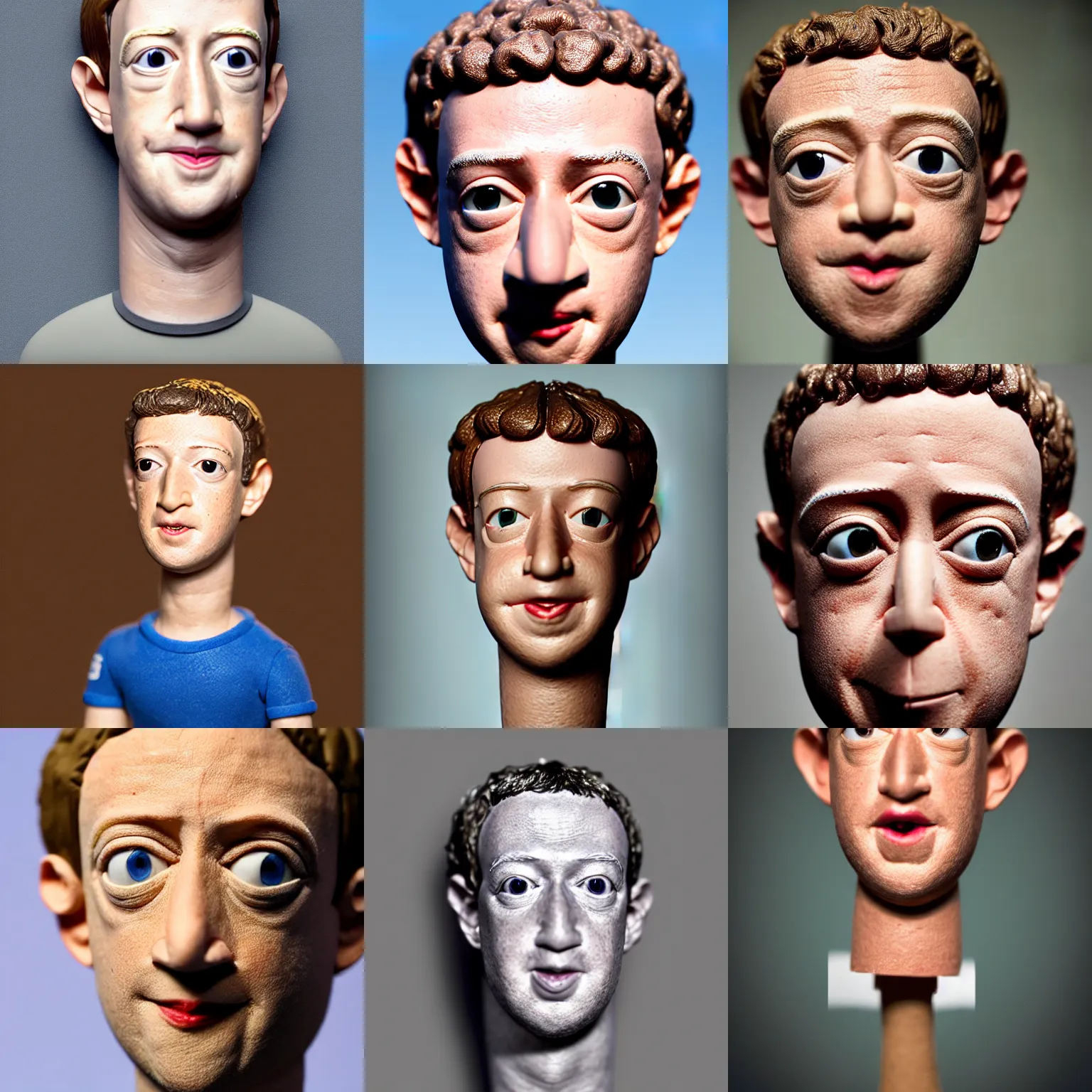 Prompt: mark zuckerberg !!! very extremely realistic!!! extreme likeness!!! smooth specular clay! extremely close smooth specular sculpted headshot of mark zuckerberg clay puppet , soft light, in village style: claymation puppet kids clay , by guldies , Cinematic focus, Polaroid photo, vintage, neutral colors, soft lights, foggy, by gregory crewdson