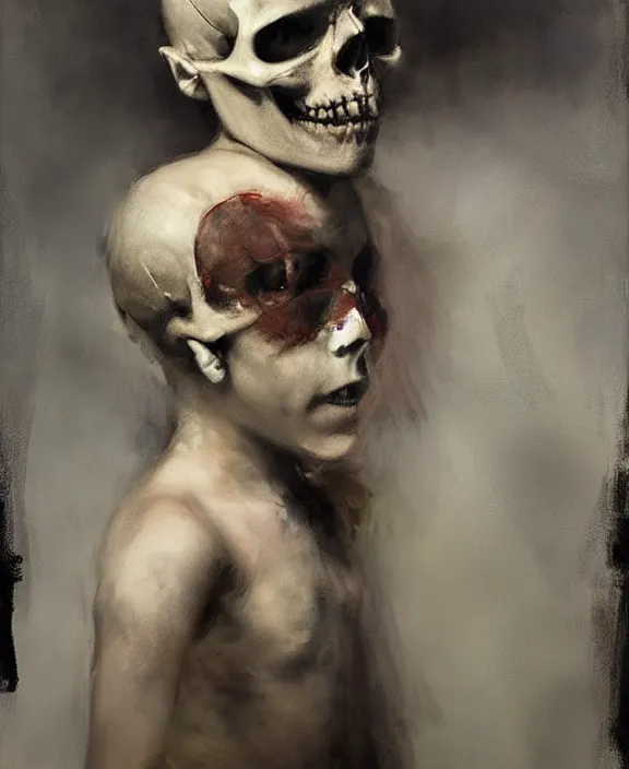 Prompt: a boy wearing a skull by jeremy mann