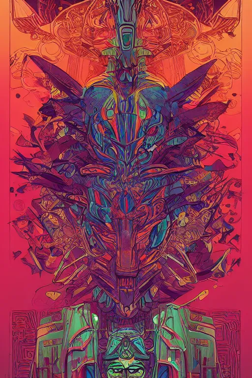 Image similar to totem animal tribal chaman vodoo mask feather gemstone plant video game illustration vivid color borderlands and by feng zhu and laurie greasley, victo ngai, andreas rocha, john harris radiating a glowing aura