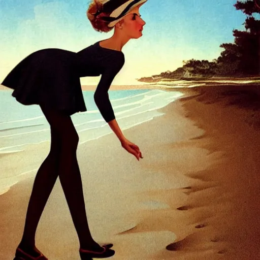 Image similar to woman in black dress in the middle of the beach, pretty face, black shoes, leyendecker style