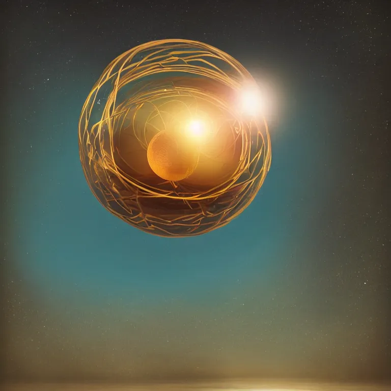 Prompt: a reflective golden eco sphere and torus in the sky over the ocean by beeple